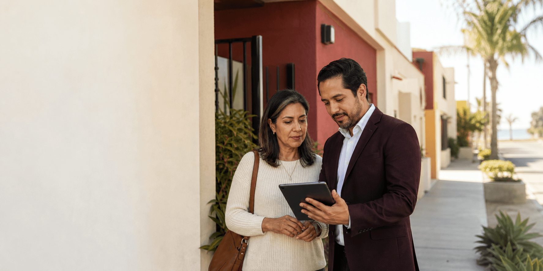 Agente inmobiliaria orientando a una persona durante una consulta